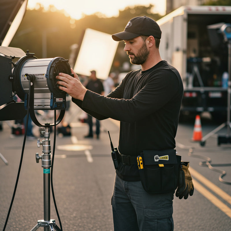 Cargue la imagen en el visor de la galería, Bolsa portaherramientas FilmCrew. Eléctrico ajustando un proyector de luz en rodaje cinematográfico con la bolsa portaherramientas FilmCrew.