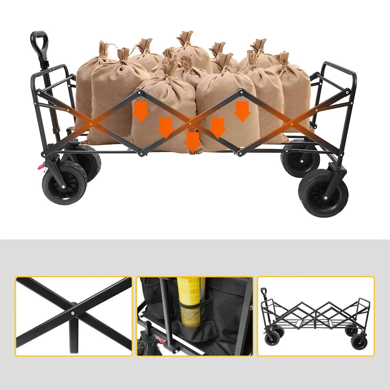 Cargue la imagen en el visor de la galería, Carrito vagón plegable multiusos FilmCrew. Estructura de carrito vagón plegable FilmCrew cargado con costales. Recuadros con detalle de soportes metálicos en X, bolsillos laterales y chasis desplegado.