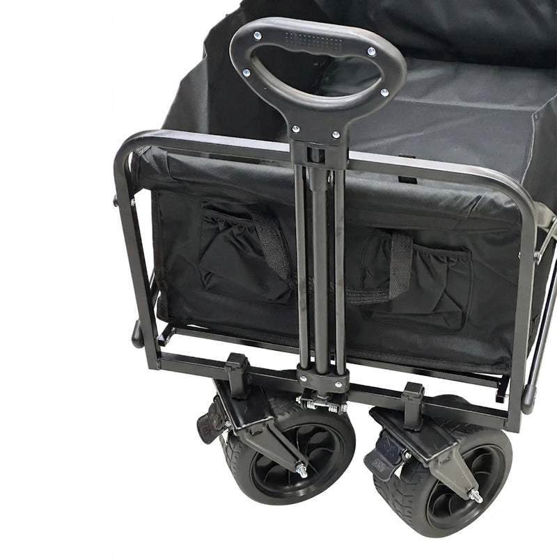 Cargue la imagen en el visor de la galería, Carrito vagón plegable multiusos FilmCrew. Detalle de vista delantera del carrito vagón plegable portátil FilmCrew con asa telescópica retráctil y ruedas delanteras con freno.