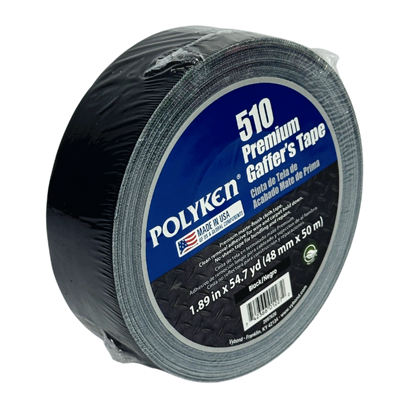 Cargue la imagen en el visor de la galería, Cinta gaffer premium Polyken 510. Rollo de cinta gaffer negra Polyken 510 envuelta en celofán con etiqueta azul de 48 mm x 50 m.
