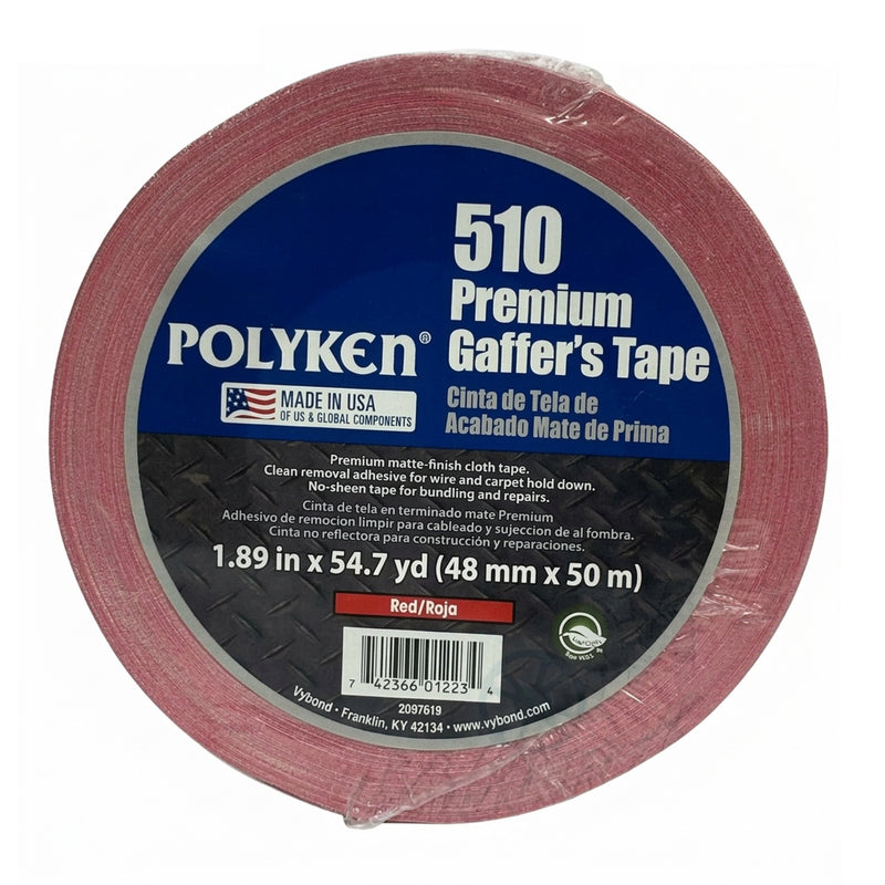 Cargue la imagen en el visor de la galería, Cinta gaffer mate Polyken 510 de 48 mm x 50 m. Rollo de cinta gaffer roja Polyken 510 envuelta en celofán con etiqueta azul informativa