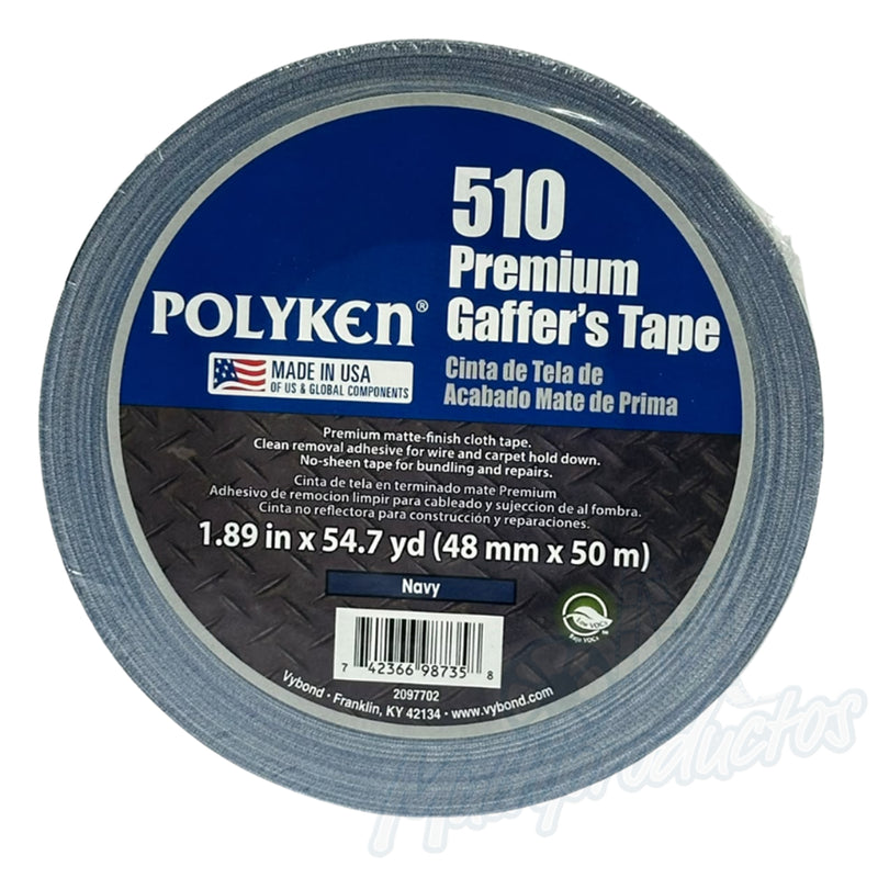 Cargue la imagen en el visor de la galería, Cinta gaffer mate Polyken 510 de 48 mm x 50 m. Rollo de cinta gaffer color azul navy Polyken 510 envuelta en celofán con etiqueta azul informativa.