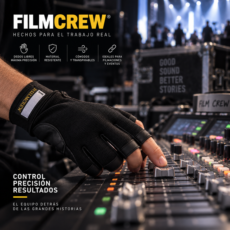 Cargue la imagen en el visor de la galería, Guante fingerless FilmCrew en uso, operando una consola de audio en set