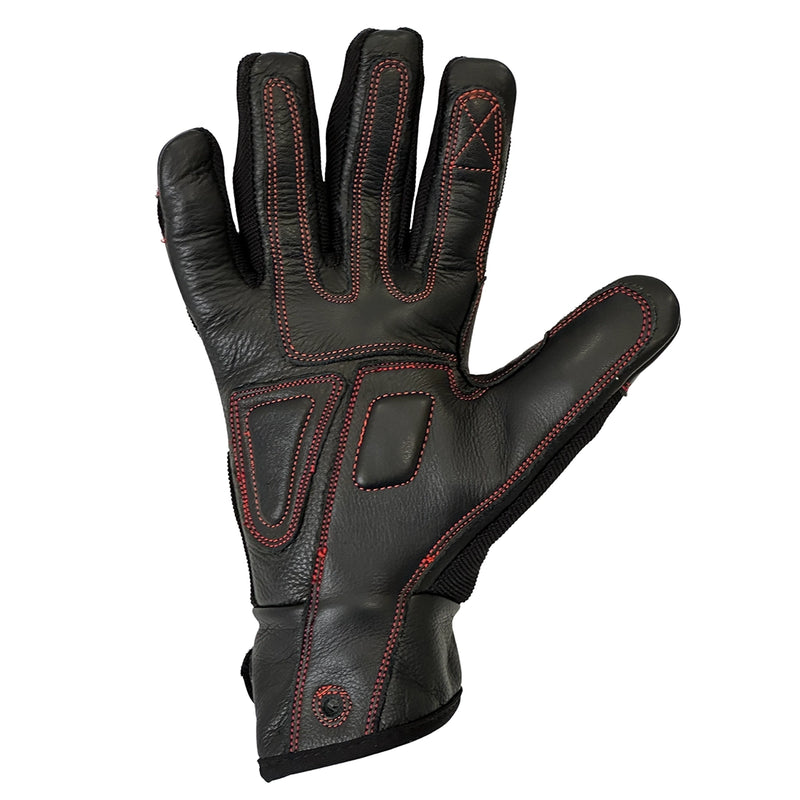 Cargue la imagen en el visor de la galería, Guantes para altas temperaturas FilmCrew. Palma de cuero negro con costuras rojas.