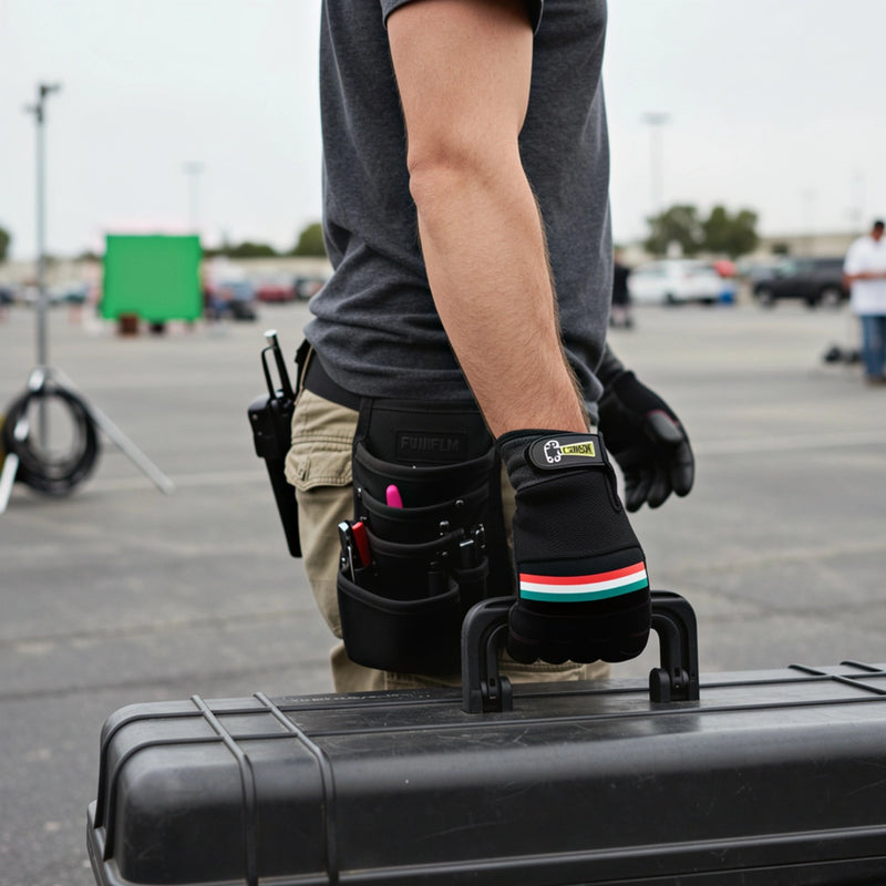 Cargue la imagen en el visor de la galería, Guantes para altas temperaturas FilmCrew. Técnico de filmación transportando maletín de equipo profesional con guantes de protección FilmCrew.