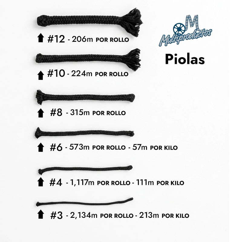 Cargue la imagen en el visor de la galería, Piola negra tejido diamante carrete de 10 kg. Guía de grosores y rendimiento de piola negra de polipropileno con tejido diamante desde 3mm hasta 12 de grosor.