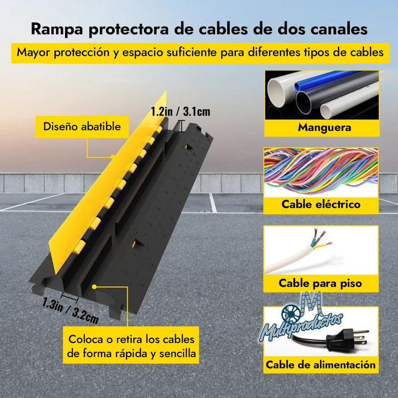 Cargue la imagen en el visor de la galería, Rampa protectora de cables de 2 canales. Detalle del diseño abatible de rampa con 2 canales para organizar mangueras, cables eléctricos y cables de alimentación.