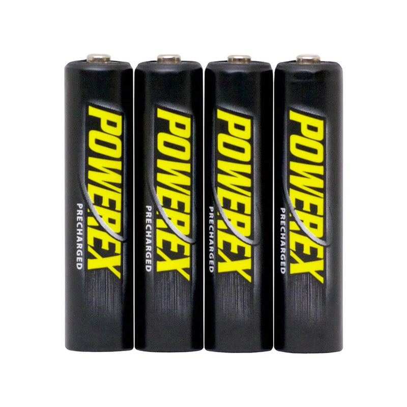 Cargue la imagen en el visor de la galería, Set de pilas recargables AAA Powerex. Set de 4 pilas recargables AAA Powerex Precharged de color negro y amarillo.