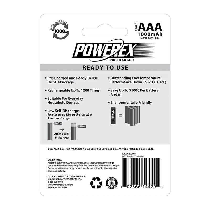 Cargue la imagen en el visor de la galería, Set de pilas recargables AAA Powerex. Reverso del empaque de pilas recargables Powerex AAA con especificaciones técnicas y características.