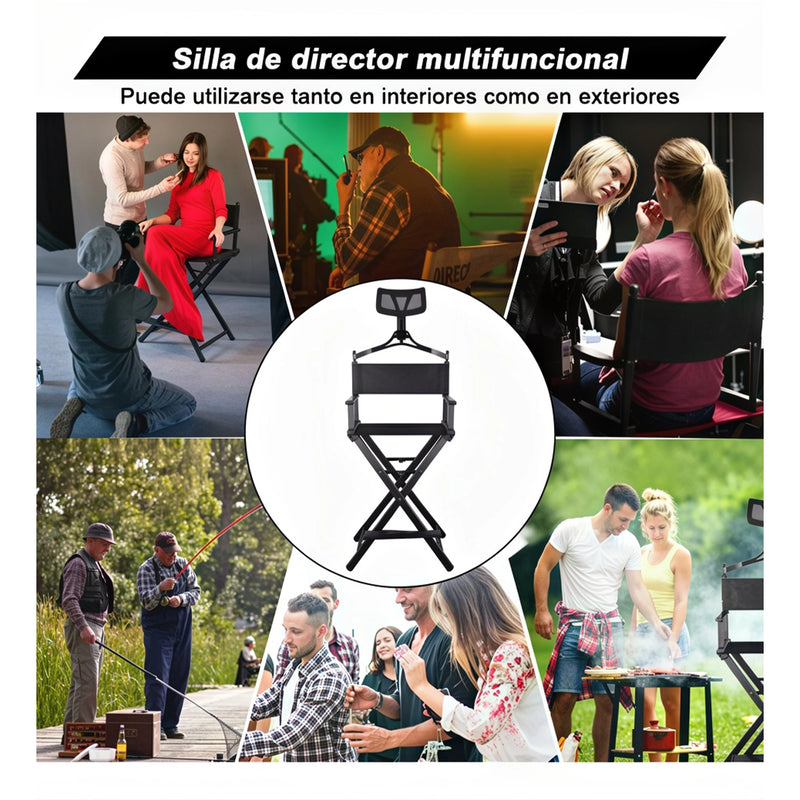 Cargue la imagen en el visor de la galería, Silla de director de aluminio multiproductos. Casos de uso: fotografía, pesca, eventos al aire libre, dirección cinematográfica y maquillaje.