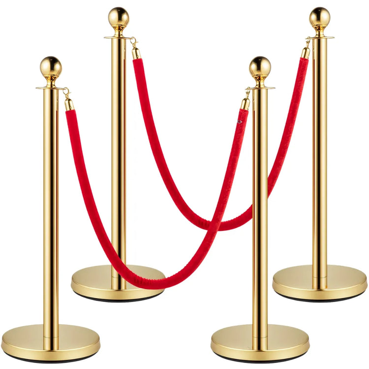Juego de 4 postes delimitadores dorados VIP con cuerda de terciopelo rojo para alfombra roja y premieres