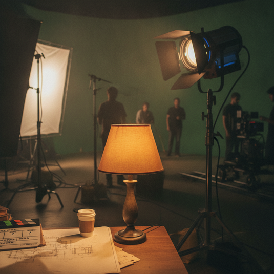 Lampara practical calida integrada en escena de set de filmacion