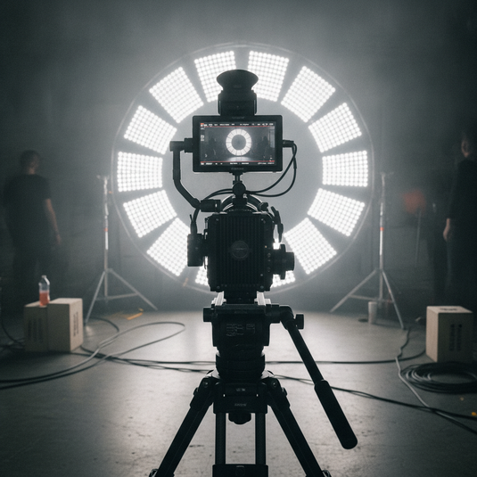 Camara de cine de alta velocidad apuntando a paneles LED en set
