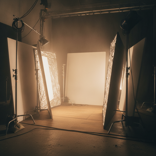 Reflectores de foam core y ultrabounce rebotando luz en set de filmacion