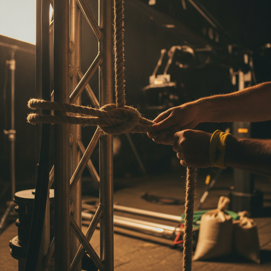 Nudos de set - grip atando un bowline en rigging de set de filmacion