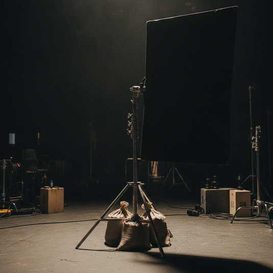 C-Stand con sacos de arena en set de filmacion