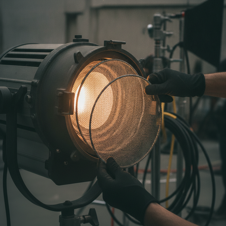 Mallas scrims insertadas en fresnel de tungsteno en set