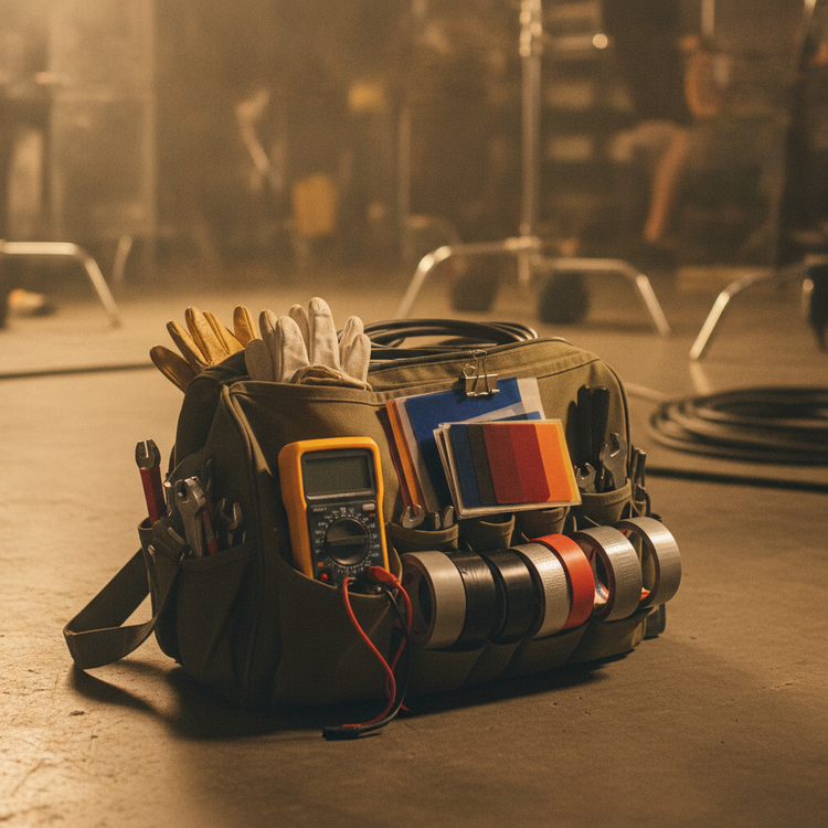 Kit de herramientas de gaffer organizado en set de filmacion