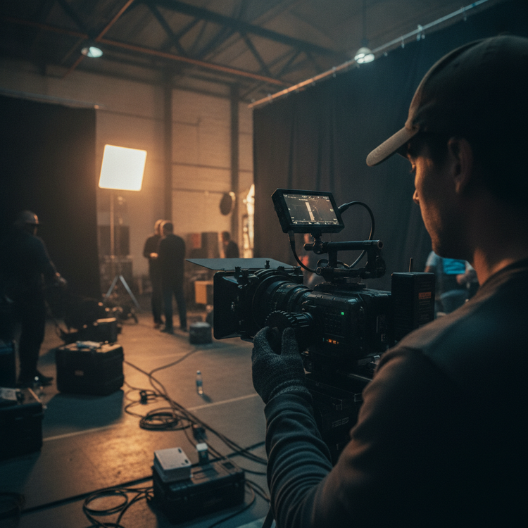 Asistente de camara ajustando follow focus en lente de cine