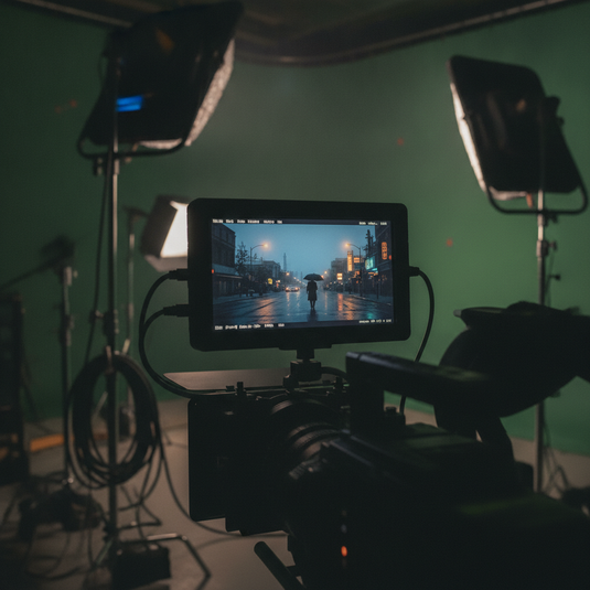 Monitor de camara de cine mostrando escena nocturna limpia