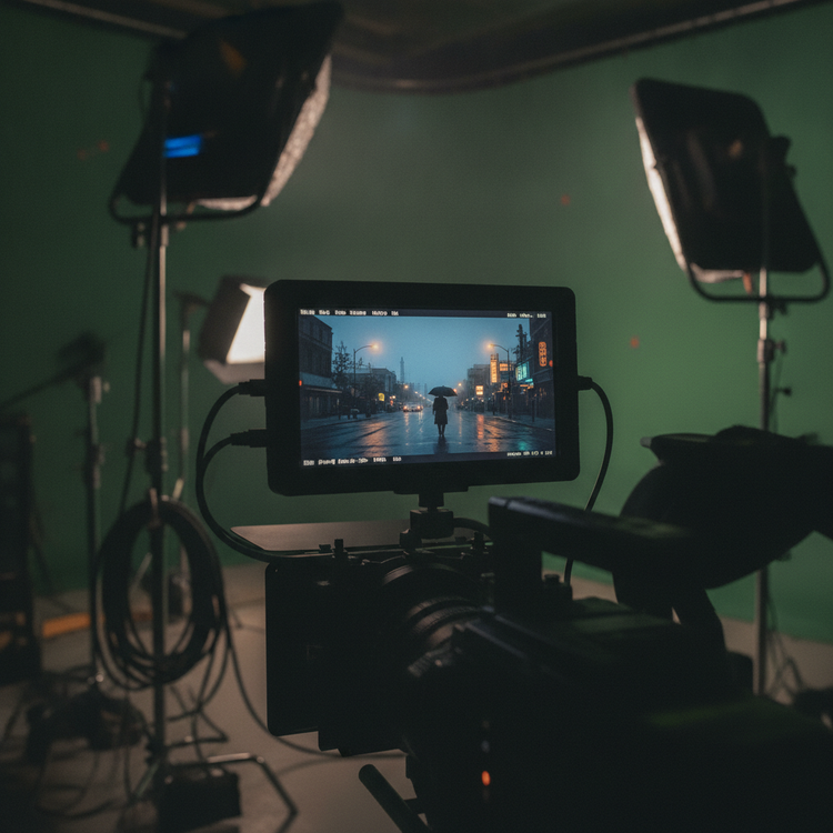 Monitor de camara de cine mostrando escena nocturna limpia