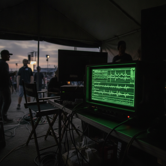 Monitor de waveform verde en carpa de video village