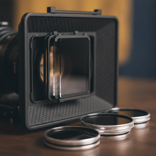 Filtros ND de rosca y matte box con filtros cuadrados en lente