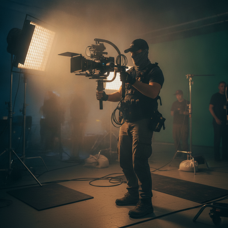 Operador balanceando un gimbal de 3 ejes con camara de cine
