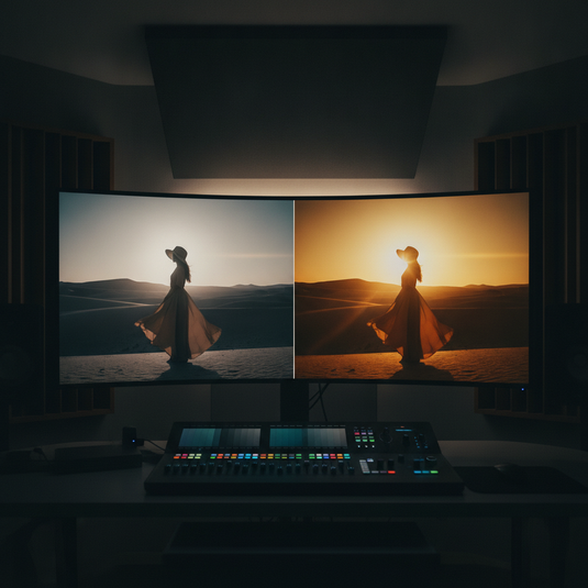 Monitor de colorista comparando metraje log plano y con grade