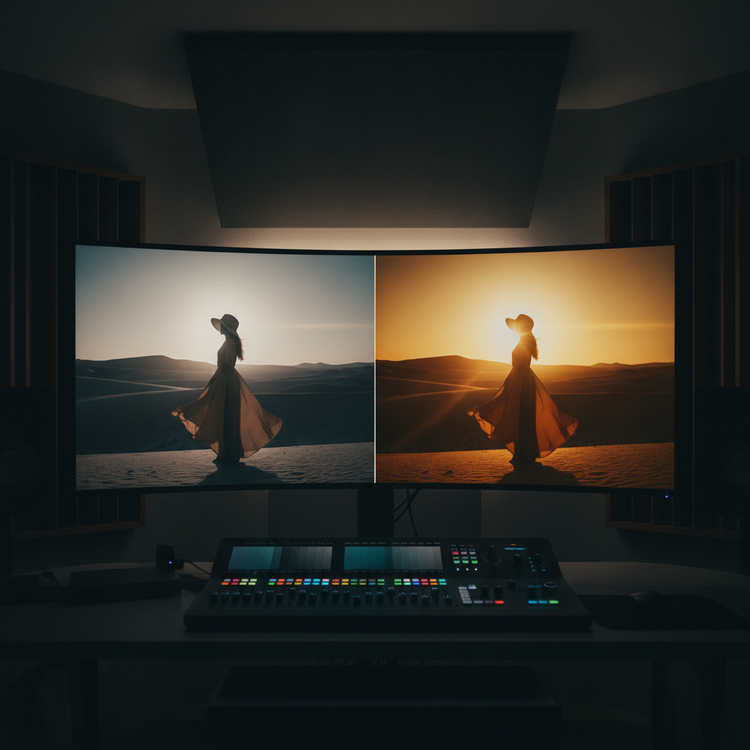 Monitor de colorista comparando metraje log plano y con grade