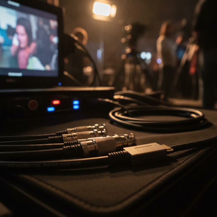 Conectores SDI BNC y cable HDMI junto a monitor de video village