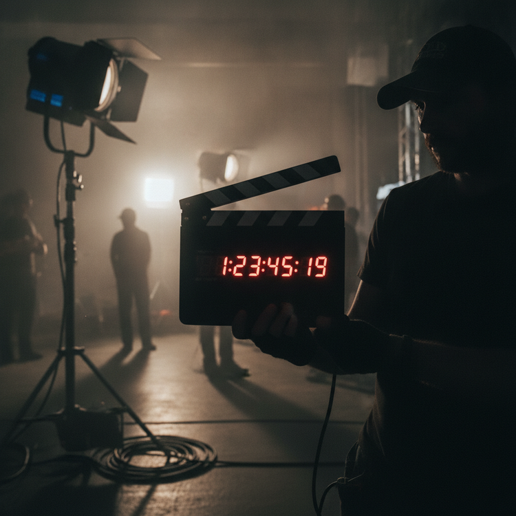 Claqueta con timecode LED rojo en set de filmacion