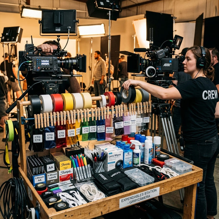 Carrito de producción audiovisual organizado con consumibles y expendables de filmación como cintas gaffer de colores, geles de iluminación CTO/CTB, marcadores, toallitas para lentes y baterías en un set de rodaje.