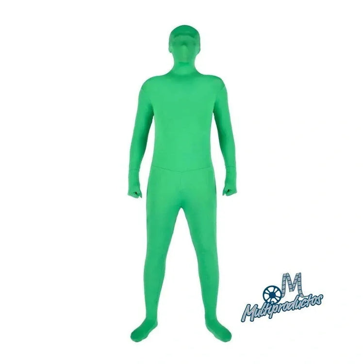 Traje y guantes de pantalla verde para chroma key usados para desaparecer en postproducción