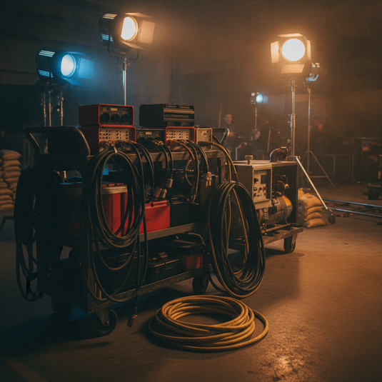 Foto detrás de cámaras de distribución eléctrica en set de filmación con clavijas NEMA y cables de extensión