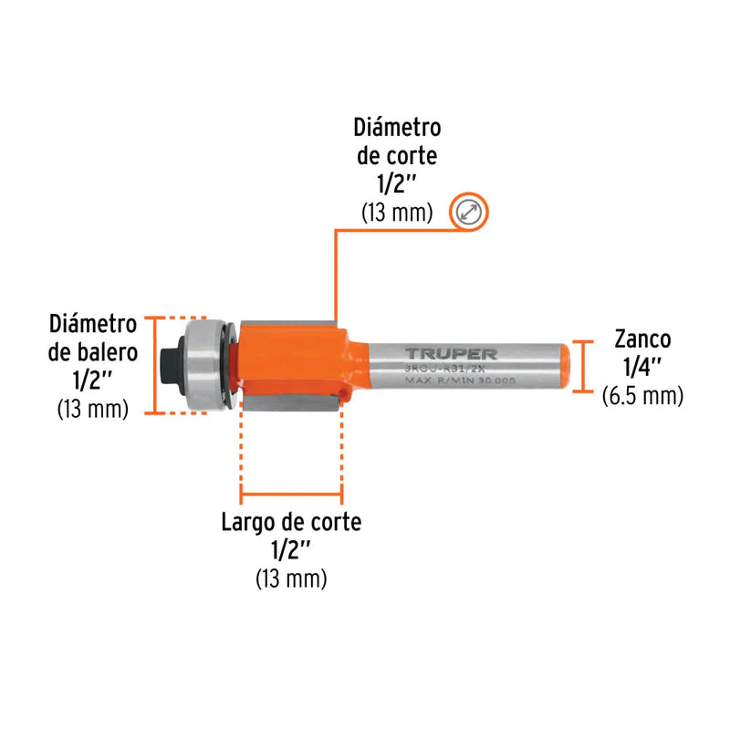 Cargue la imagen en el visor de la galería, Broca para router, corte recto, 1/2" con balero - Multiproductos y expendables SA de CV
