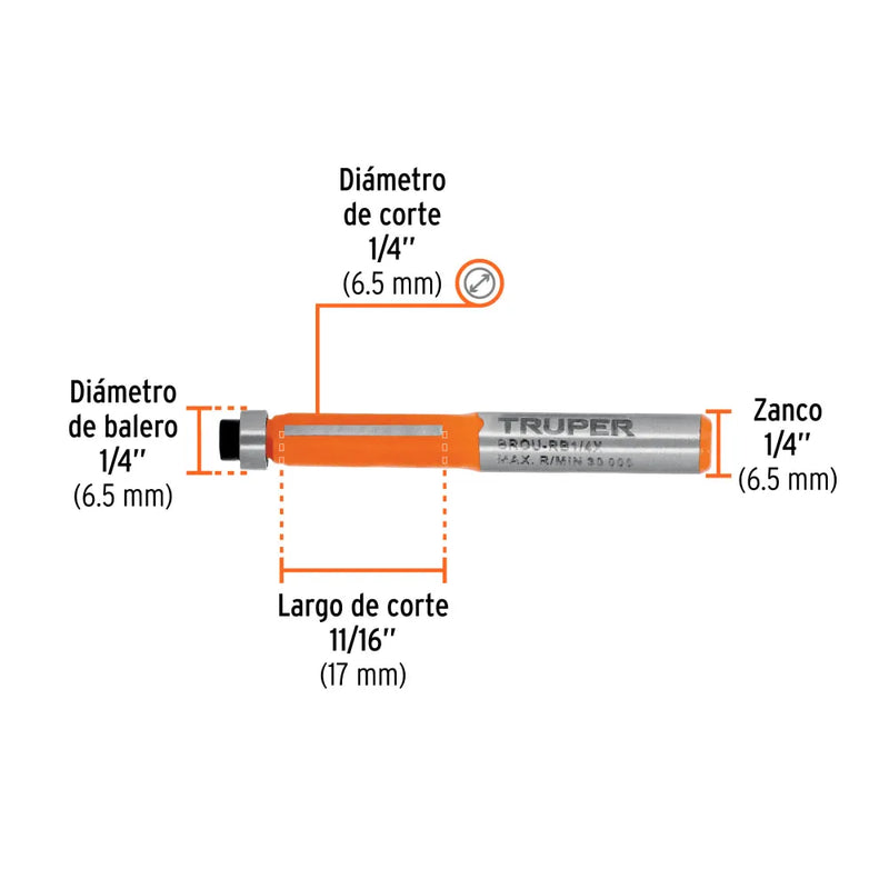 Cargue la imagen en el visor de la galería, Broca para router, corte recto, 1/4" con balero - Multiproductos y expendables SA de CV
