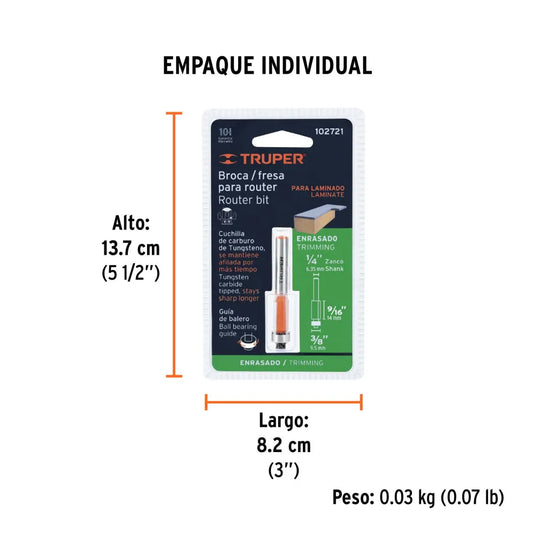 Broca para router, corte recto, 3/8" con balero - Multiproductos y expendables SA de CV