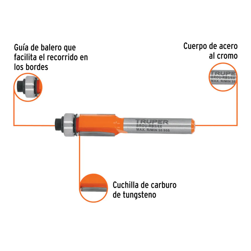 Cargue la imagen en el visor de la galería, Broca para router, corte recto, 3/8" con balero - Multiproductos y expendables SA de CV
