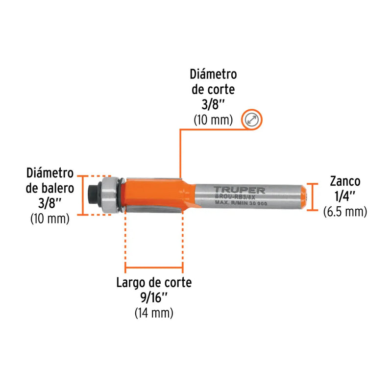 Cargue la imagen en el visor de la galería, Broca para router, corte recto, 3/8" con balero - Multiproductos y expendables SA de CV
