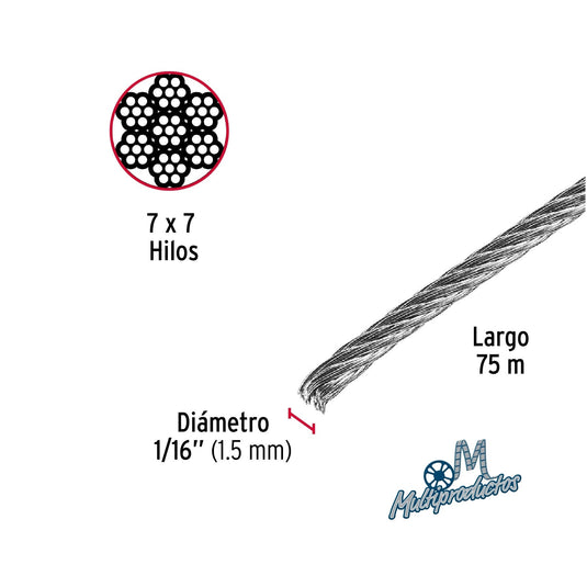 Cable de acero, 7 X 7 hilos, carrete plástico de 75 m