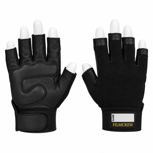 Guantes fingerless de piel FilmCrew, vista frontal y posterior en pareja