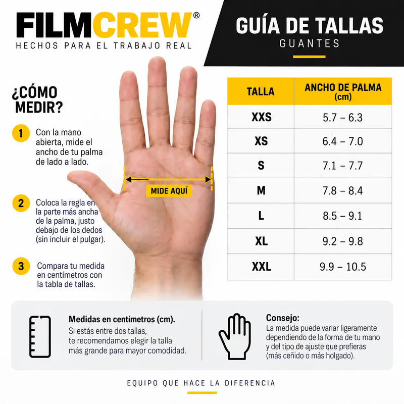 Cargue la imagen en el visor de la galería, Guía de tallas de guantes FilmCrew: ancho de palma en centímetros por talla, de XXS a XXL
