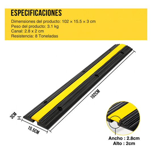 Protector de Cable Piso de 1 Canal, de Goma, 102x15.5x3 cm, 8000kg - Multiproductos y expendables SA de CV