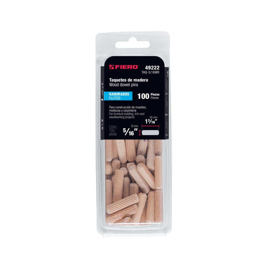 Blíster con 100 taquetes de madera ranurado 5/16" Tarugos