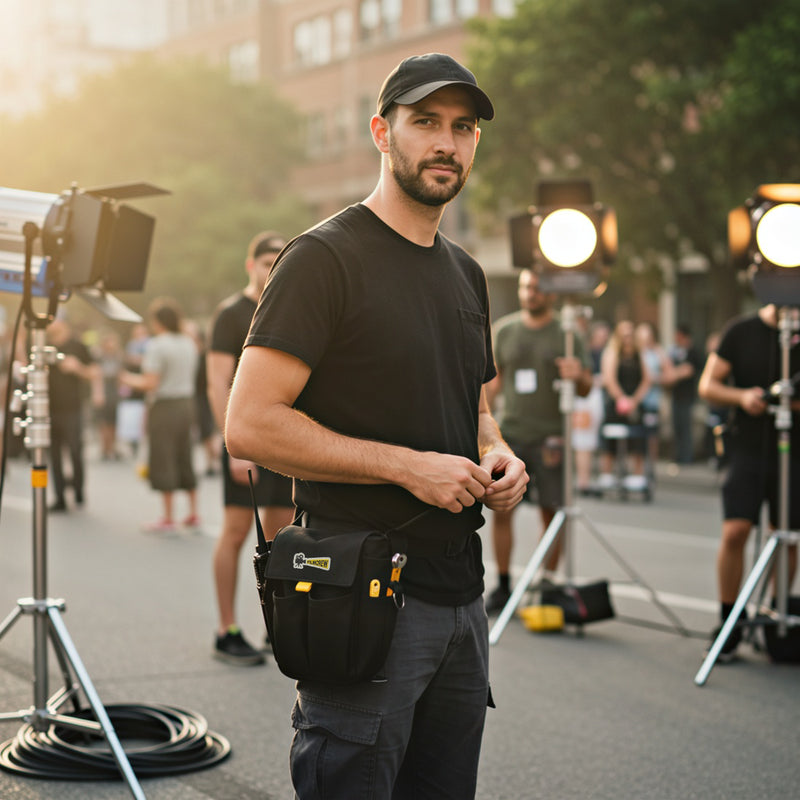 Cargue la imagen en el visor de la galería, Bolsa portaherramientas FilmCrew. Técnico de iluminación en set de rodaje vistiendo la bolsa portaherramientas FilmCrew ajustada al cinturón.
