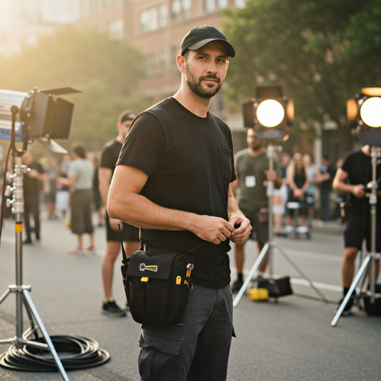 Bolsa portaherramientas FilmCrew. Técnico de iluminación en set de rodaje vistiendo la bolsa portaherramientas FilmCrew ajustada al cinturón.