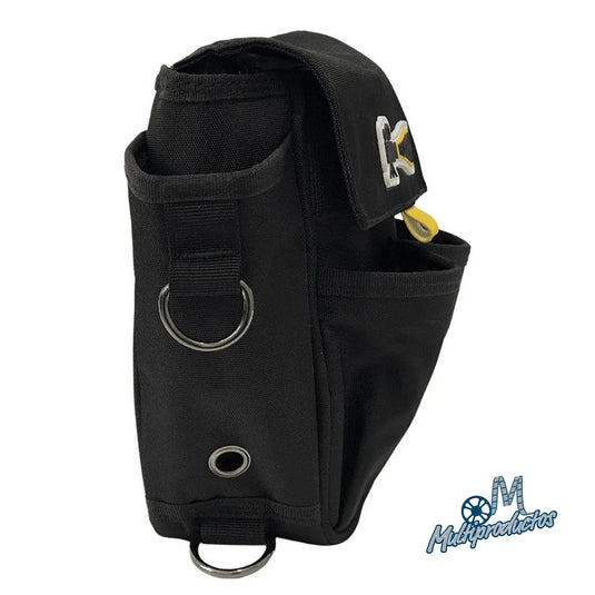 Bolsa portaherramientas FilmCrew. Vista lateral de la bolsa portaherramientas negra FilmCrew con compartimentos externos y ojales metálicos.