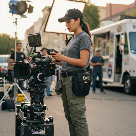 Bolsa portaherramientas FilmCrew. Operadora de cámara en set de filmación llevando la bolsa portaherramientas FilmCrew en el cinturón.