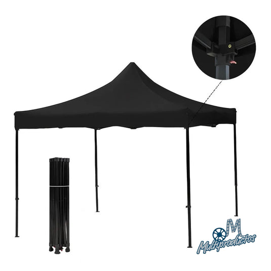 Carpa negra FilmCrew multiproductos y expendables. Carpa negra plegable de 3x3 metros con su estructura plegada a un lado. Incluye un zoom que detalla la unión y el botón de seguridad del poste.